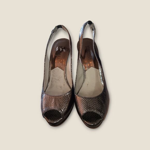 Michael Kors Peep Toe sling back stiletto heels silver snakeskin size 7 - Picture 2 of 4